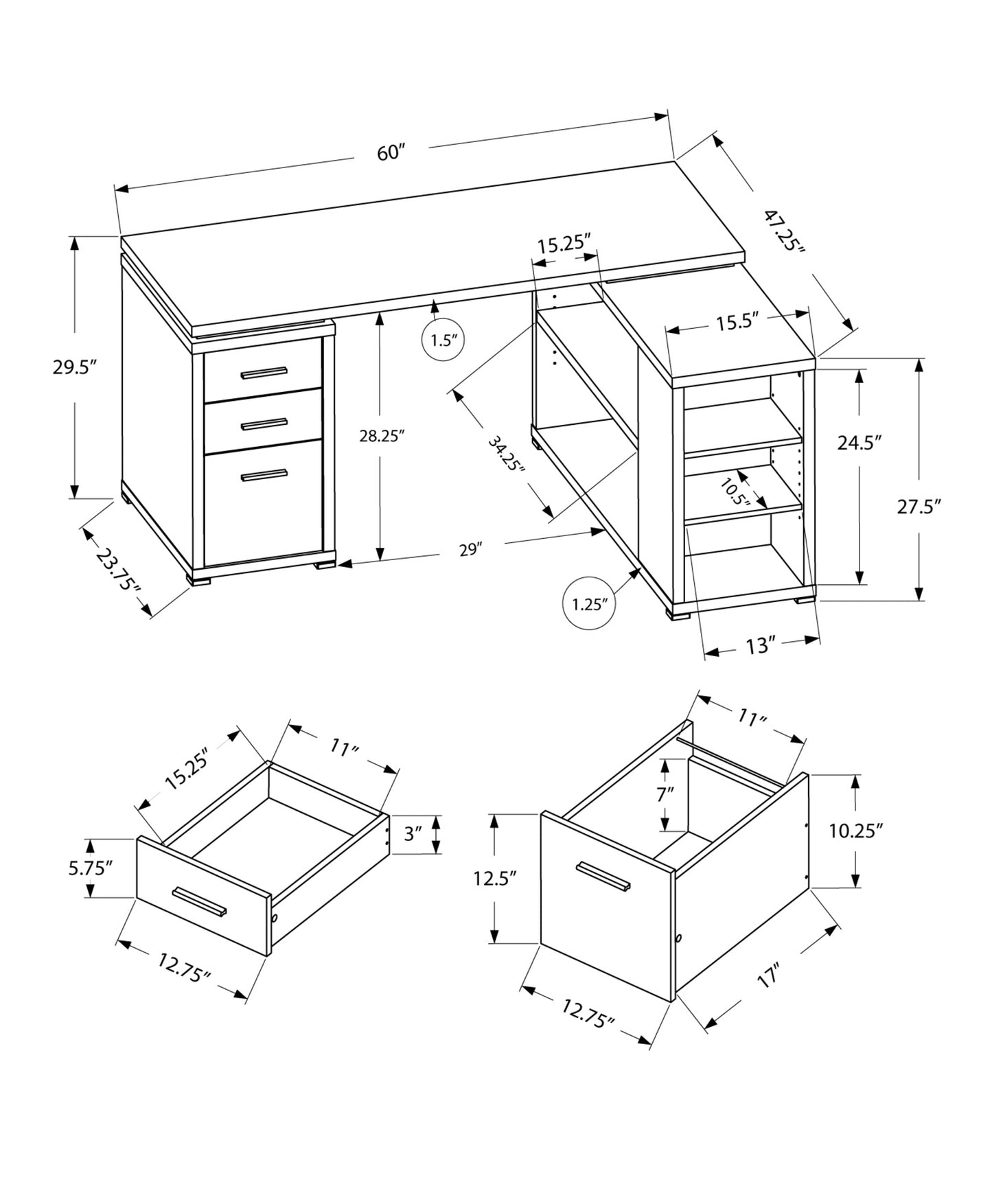 47" Gray and Black L Shape Computer Desk With Three Drawers