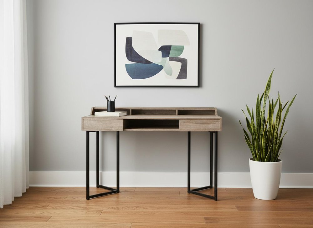 48" Taupe and Black Writing Desk With Two Drawers