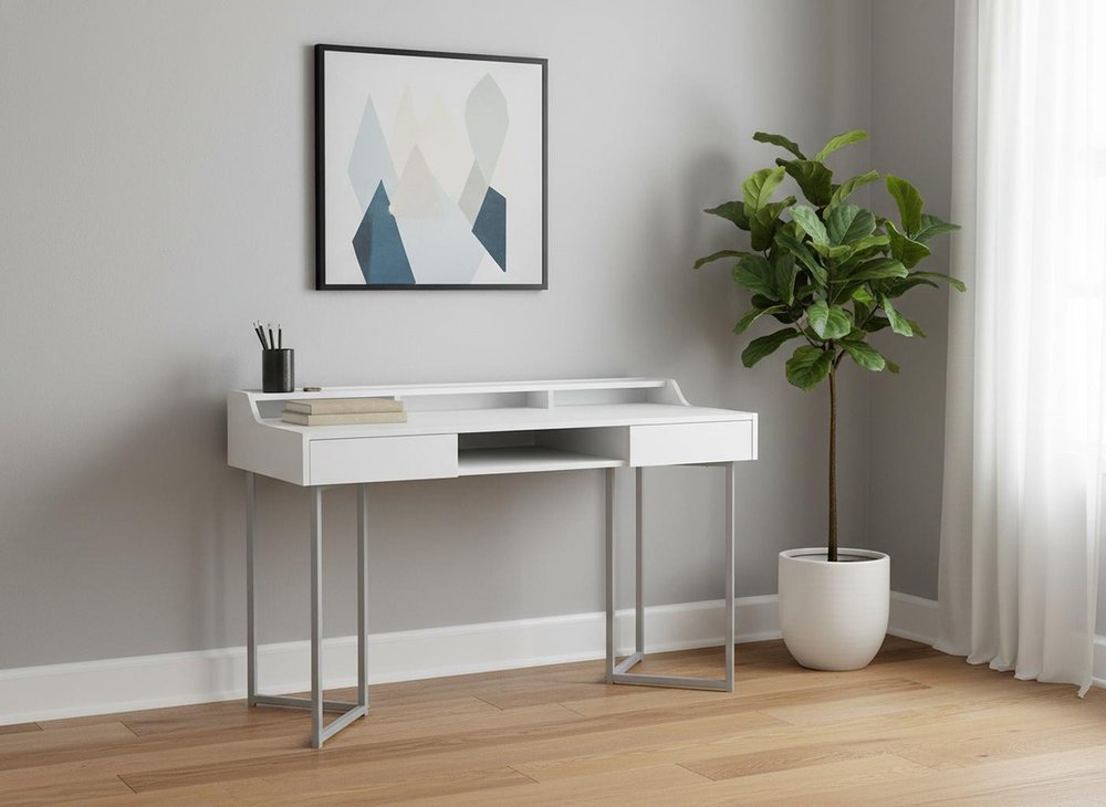 48" Taupe and Black Writing Desk With Two Drawers