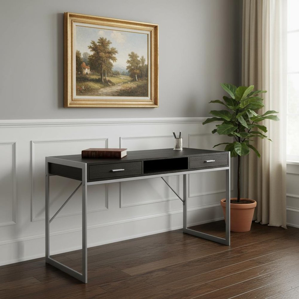 48" White and Silver Computer Desk With Two Drawers