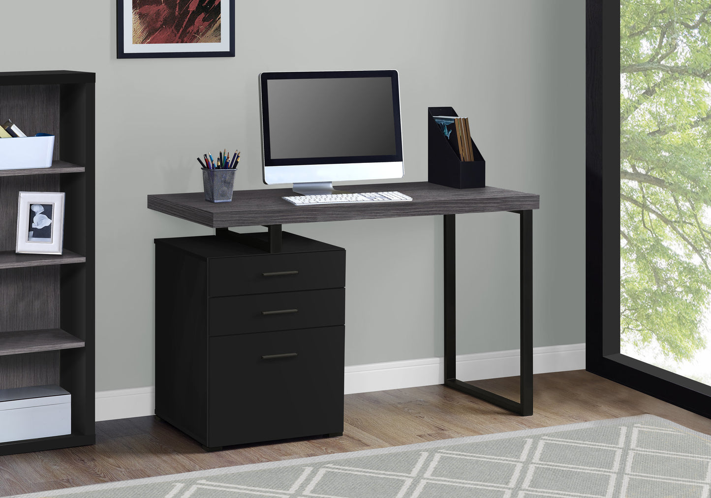 24" Gray and Black Computer Desk With Three Drawers