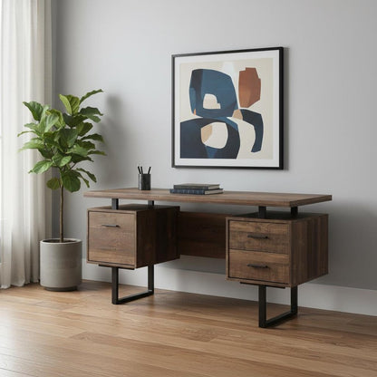 60" Taupe and Black Computer Desk With Three Drawers