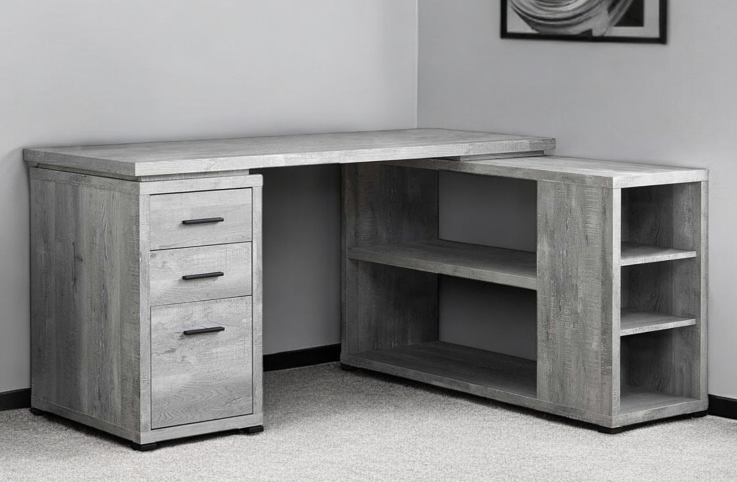 47" Gray and Black L Shape Computer Desk With Three Drawers