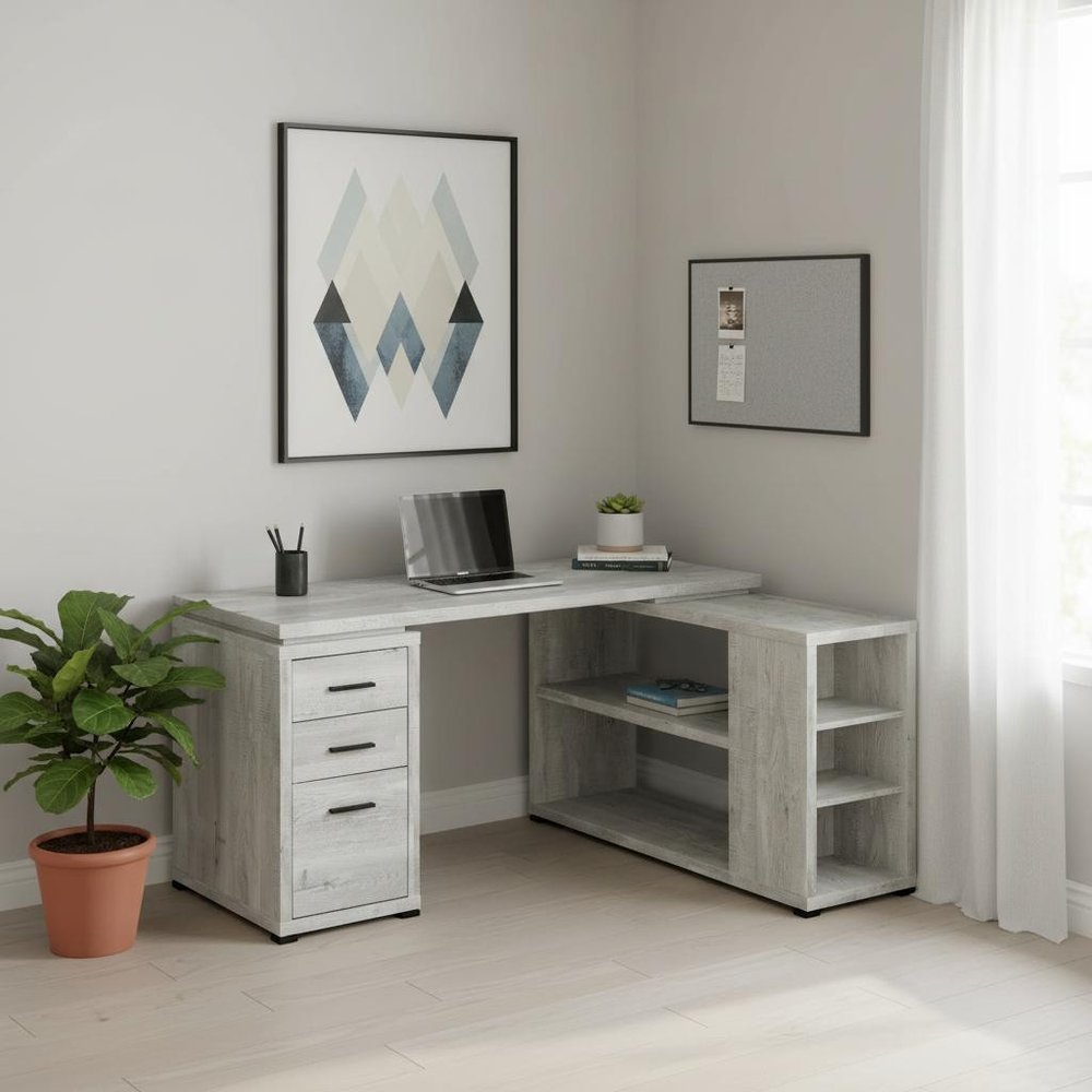60" Taupe L Shape Computer Desk With Three Drawers