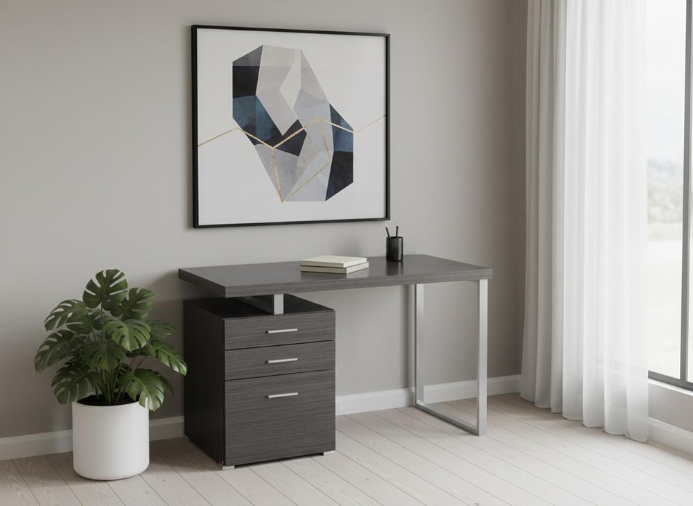 47" Gray and Silver Computer Desk With Three Drawers