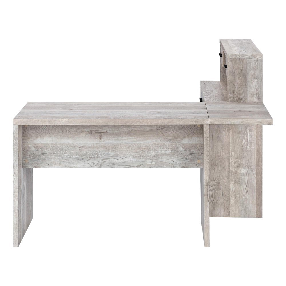 63" Taupe L Shape Computer Desk With Eight Drawers