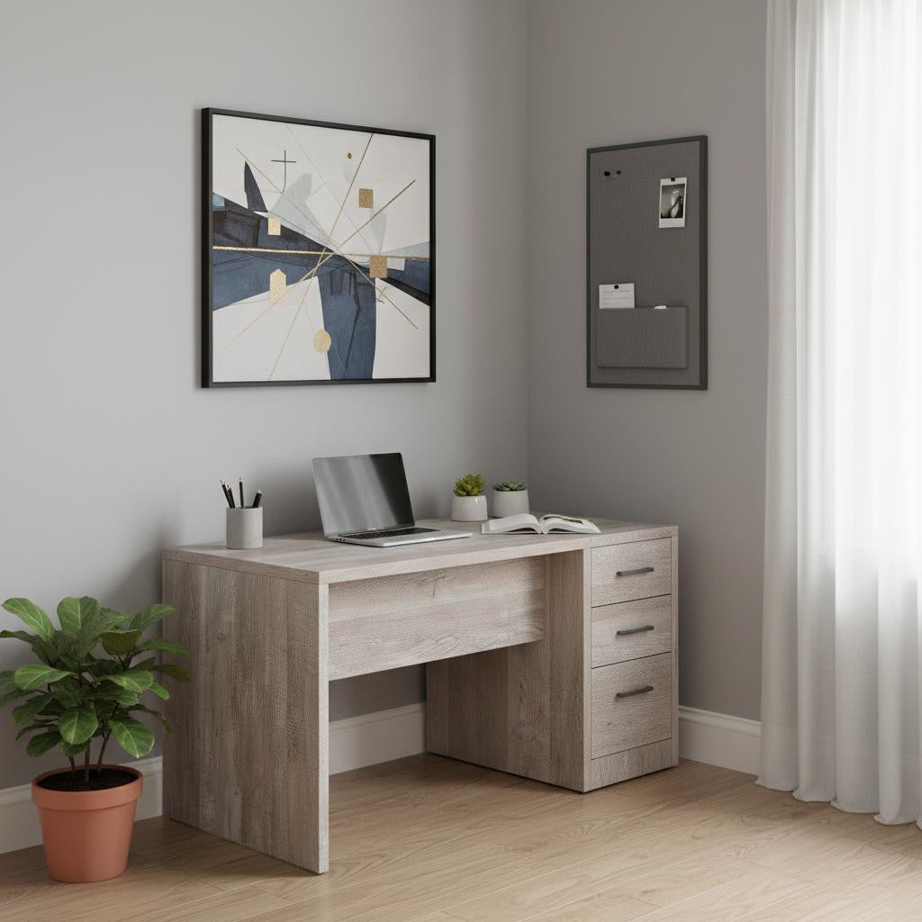 63" Taupe L Shape Computer Desk With Eight Drawers