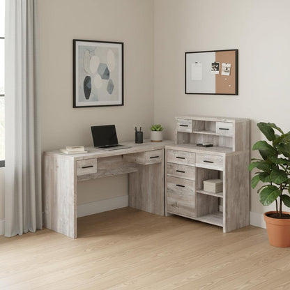 63" Taupe L Shape Computer Desk With Eight Drawers