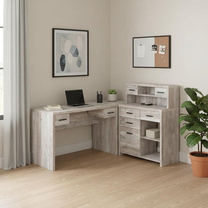 63" Taupe L Shape Computer Desk With Eight Drawers