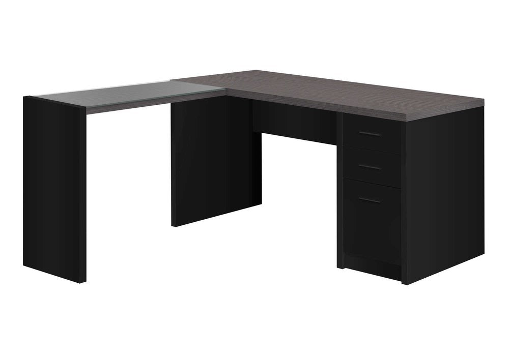 60" Gray and Black L Shape Computer Desk With Three Drawers