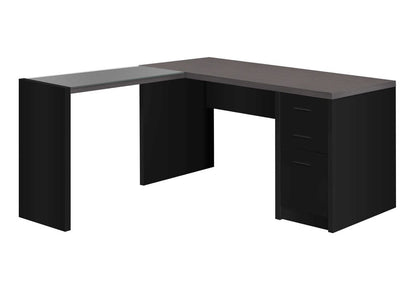 60" Gray and Black L Shape Computer Desk With Three Drawers