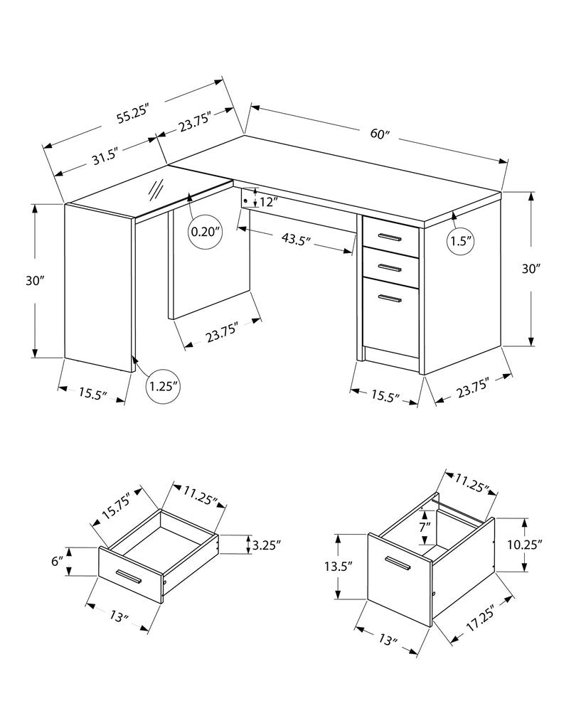 60" Gray and Black L Shape Computer Desk With Three Drawers