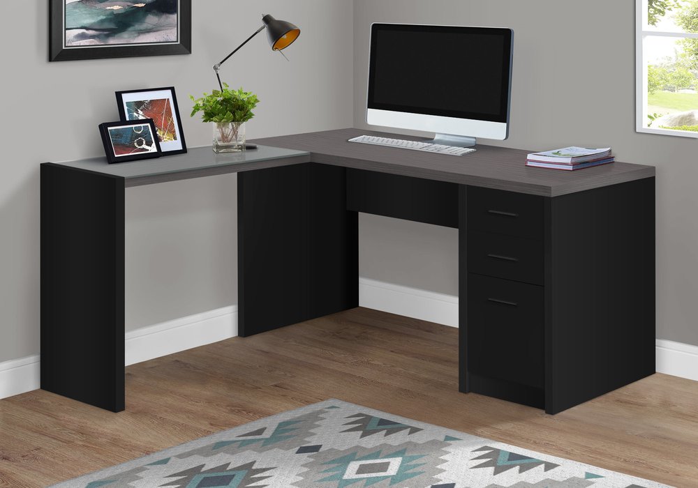 55" Gray and Black L Shape Computer Desk With Three Drawers
