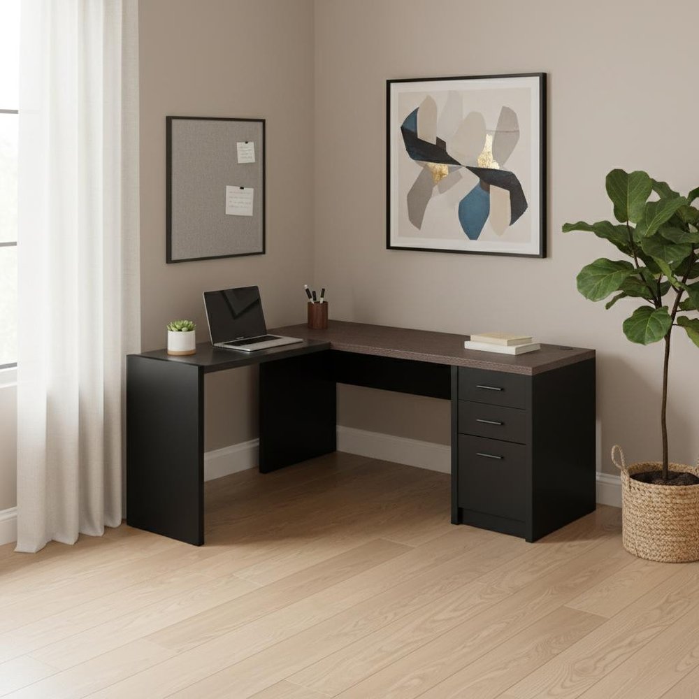 60" Gray and Black L Shape Computer Desk With Three Drawers