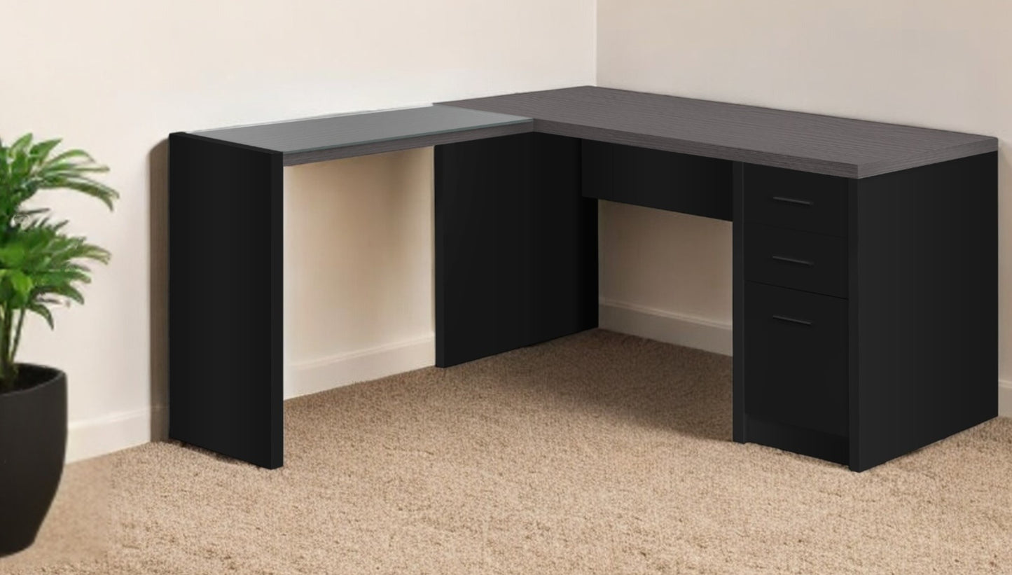 55" Gray and Black L Shape Computer Desk With Three Drawers