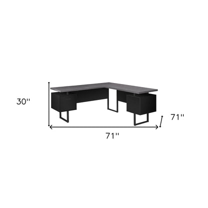 71" Gray and Black L Shape Computer Desk With Three Drawers