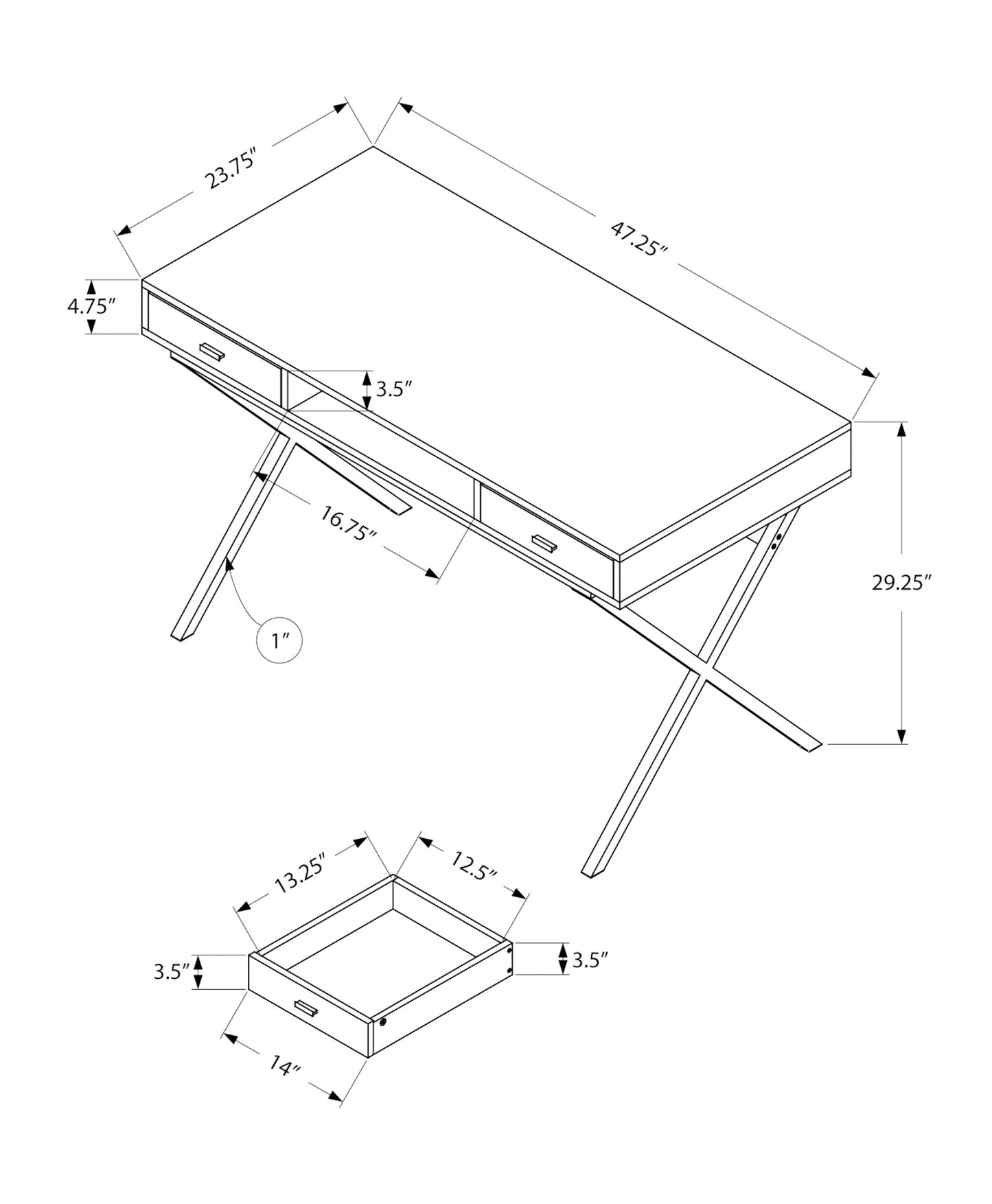 24" White and Silver Computer Desk With Two Drawers