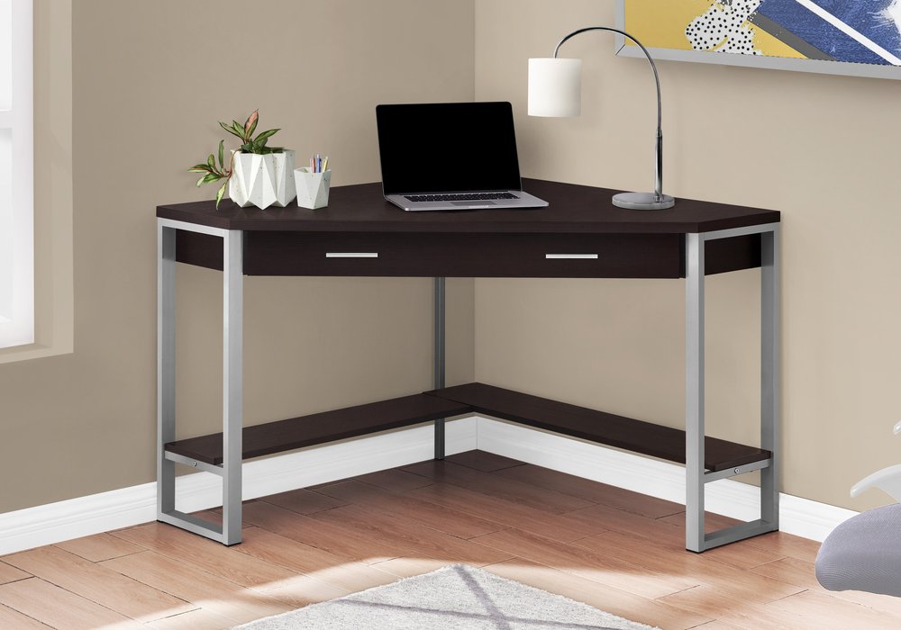 42" Dark Brown and Silver Corner Computer Desk