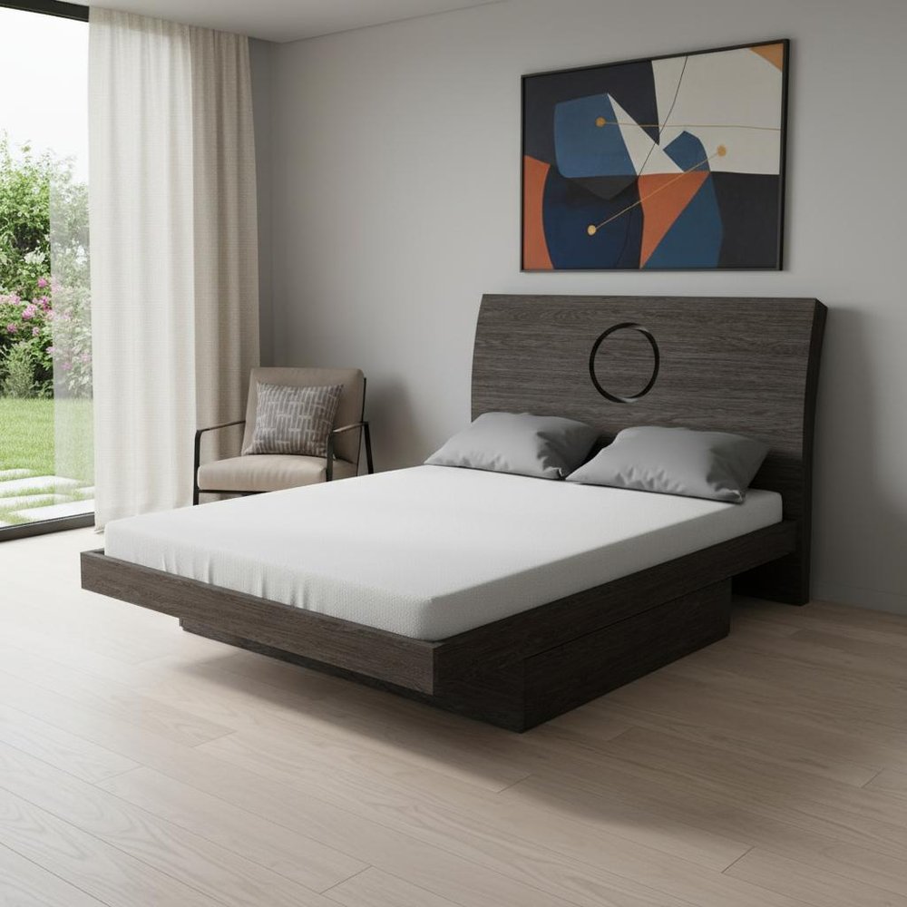 Gray Wood Queen Bed Frame With Drawer With Drawer Storage