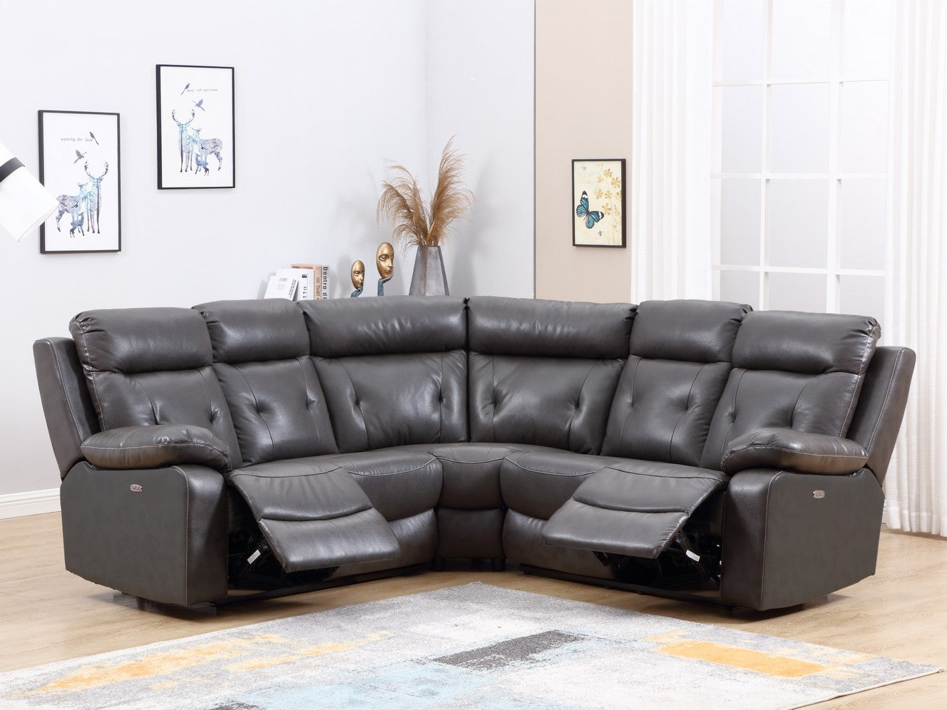 Dark Gray Polyester Blend Power Reclining U Shaped Three Piece Corner Sectional