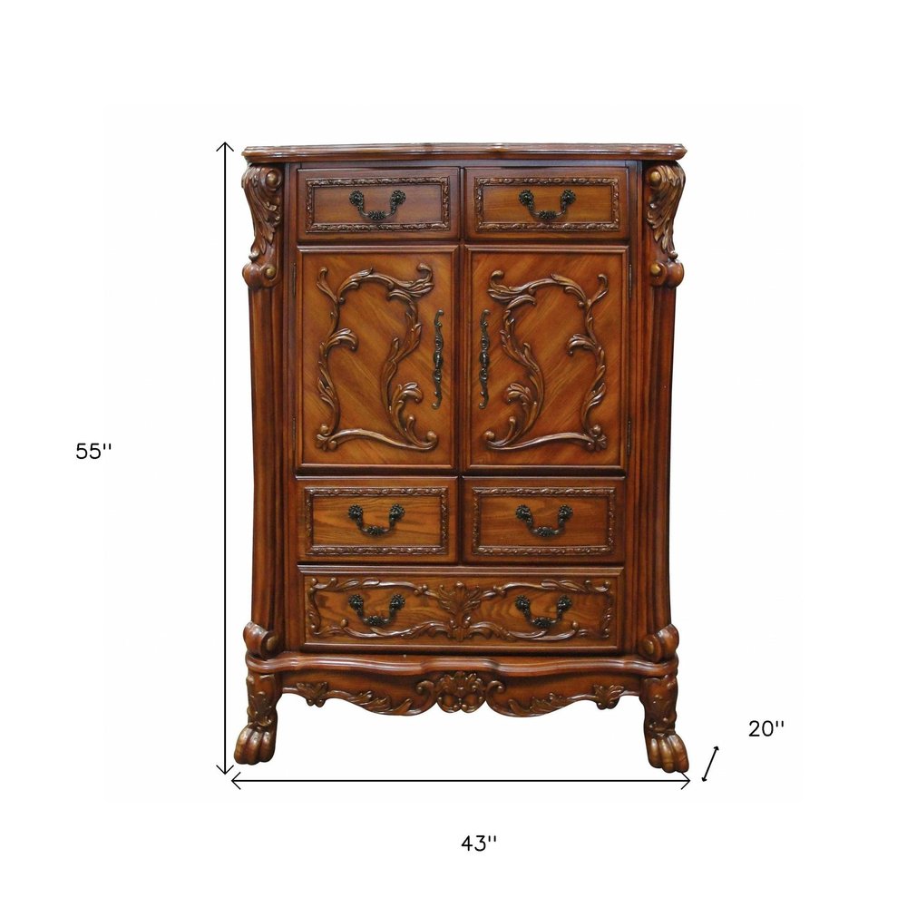 55" Brown Carved Scrollwork Solid Wood Two Door Five Drawer Combo Dresser