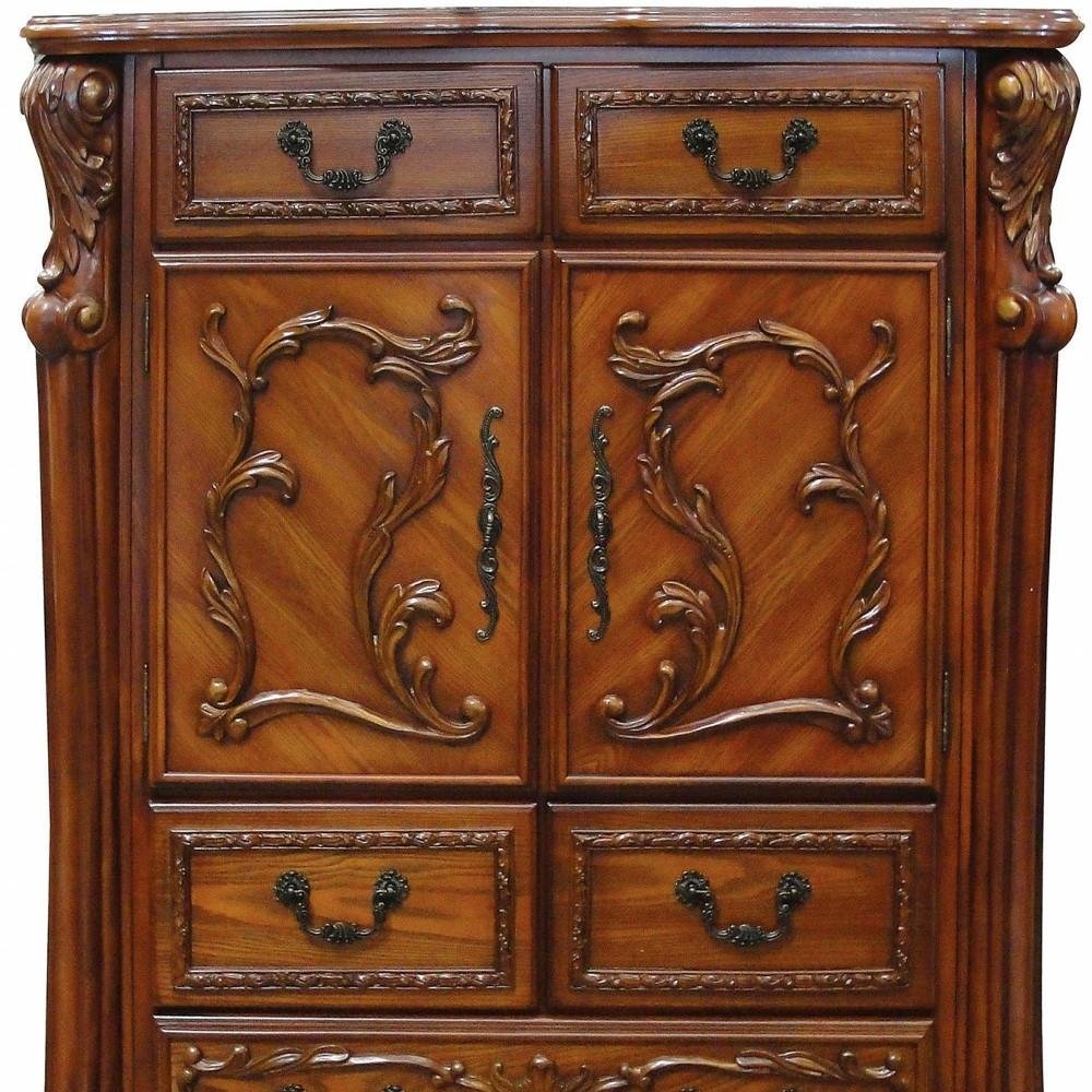 55" Brown Carved Scrollwork Solid Wood Two Door Five Drawer Combo Dresser