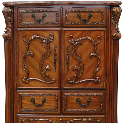 55" Brown Carved Scrollwork Solid Wood Two Door Five Drawer Combo Dresser