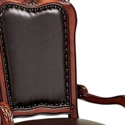 Set of Two Brown Upholstered Faux Leather Queen Anne Back Dining Arm Chairs