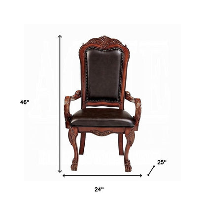 Set of Two Brown Upholstered Faux Leather Queen Anne Back Dining Arm Chairs