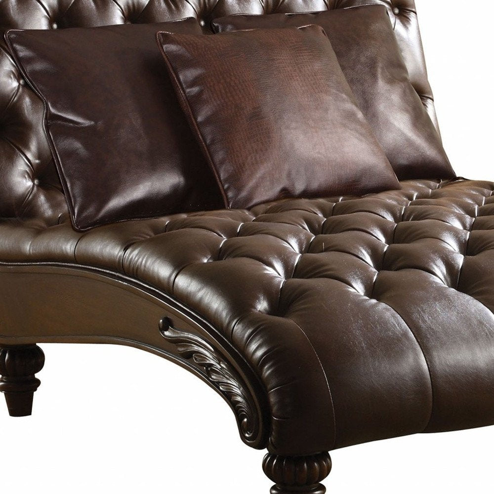 52" Brown Faux Leather Tufted Lounge Chair And Toss Pillows
