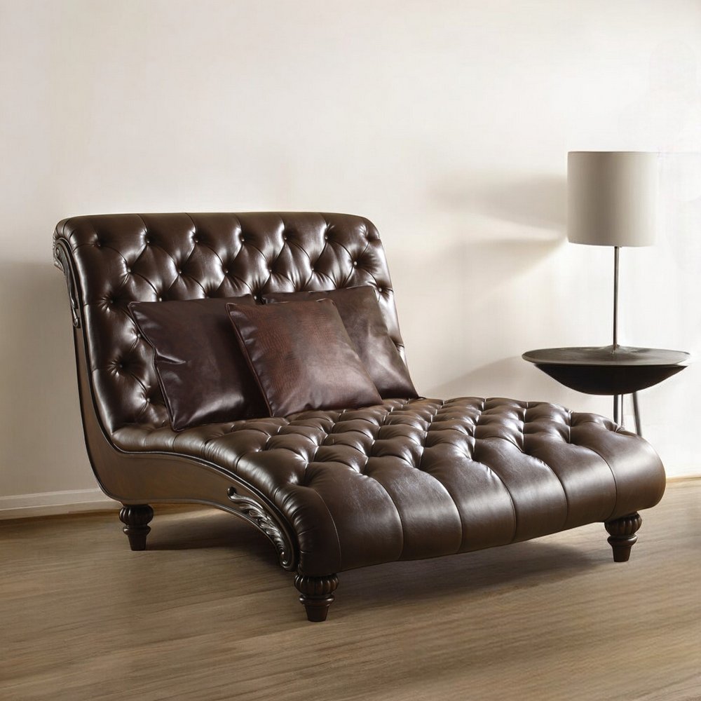 52" Brown Faux Leather Tufted Lounge Chair And Toss Pillows