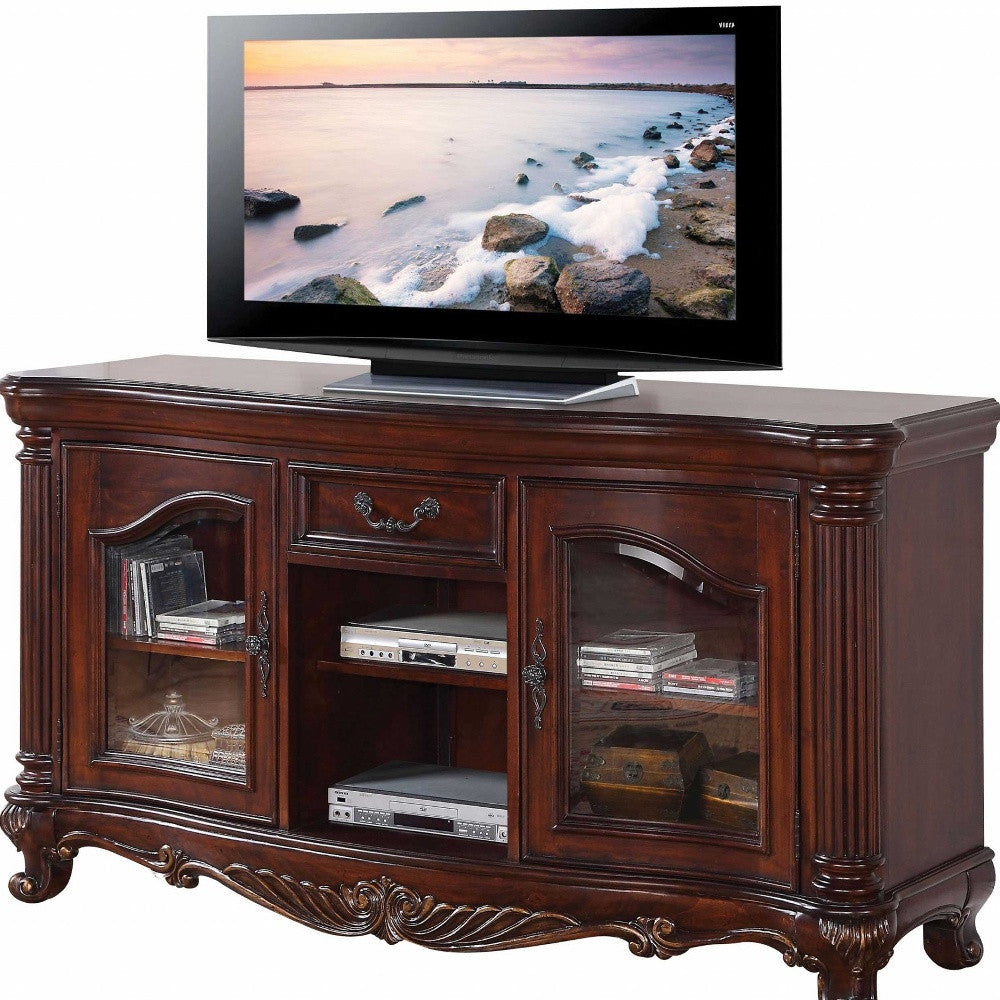 65" Brown Cherry Cabinet Enclosed Storage TV Stand with Bookcase