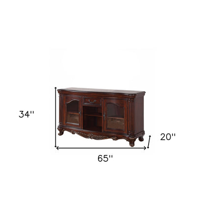 65" Brown Cherry Cabinet Enclosed Storage TV Stand with Bookcase