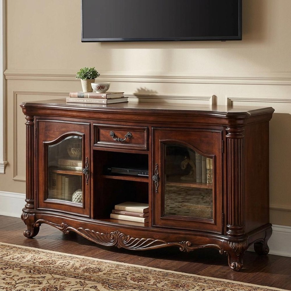 65" Brown Cherry Cabinet Enclosed Storage TV Stand with Bookcase