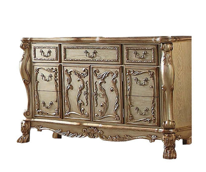 66" Gold Solid Wood Carved Scrollwork Seven Drawer Sideboard with Two Doors