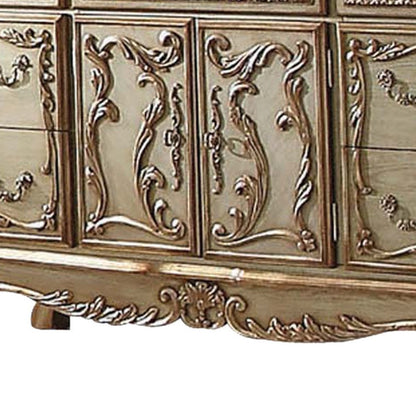 66" Gold Solid Wood Carved Scrollwork Seven Drawer Sideboard with Two Doors