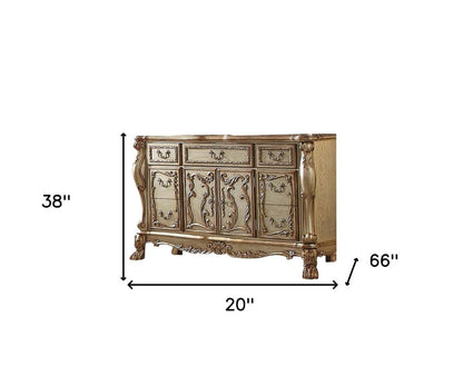 66" Gold Solid Wood Carved Scrollwork Seven Drawer Sideboard with Two Doors