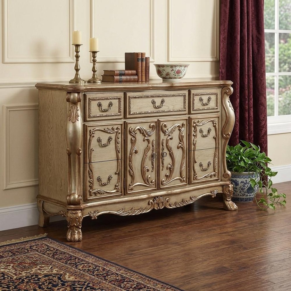 66" Gold Solid Wood Carved Scrollwork Seven Drawer Sideboard with Two Doors