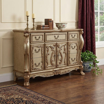 66" Gold Solid Wood Carved Scrollwork Seven Drawer Sideboard with Two Doors