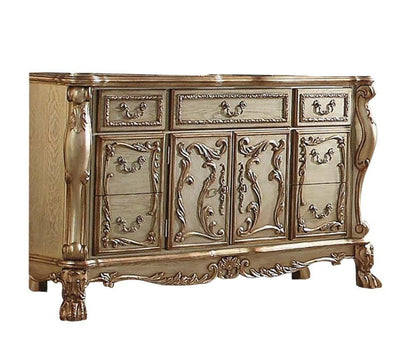 66" Gold Solid Wood Carved Scrollwork Seven Drawer Sideboard with Two Doors