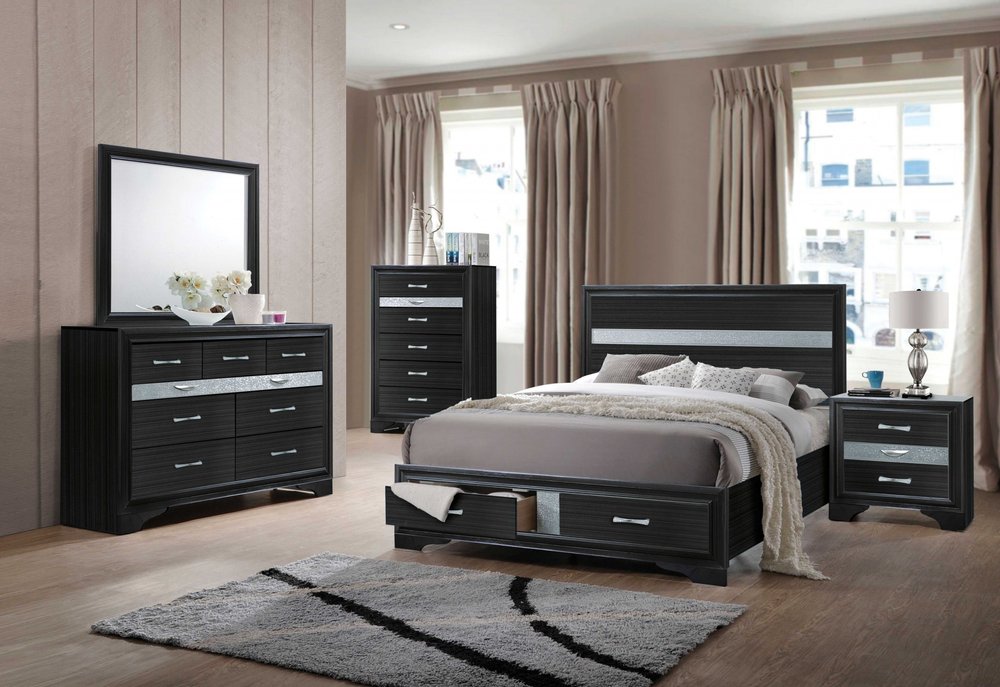 Black Gray and Silver Faux Crystal Bling Wood King Bed Frame With Two Drawers