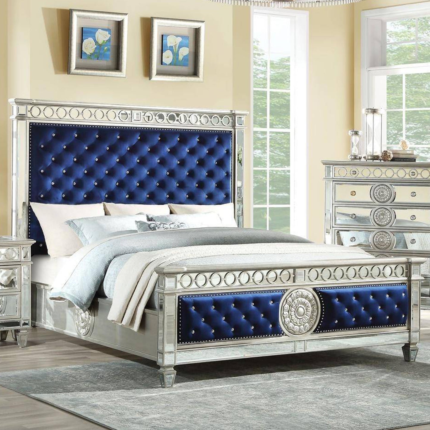 Queen Tufted Blue Upholstered Velvet Bed With Nailhead Trim