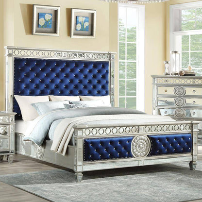 Queen Tufted Blue Upholstered Velvet Bed With Nailhead Trim