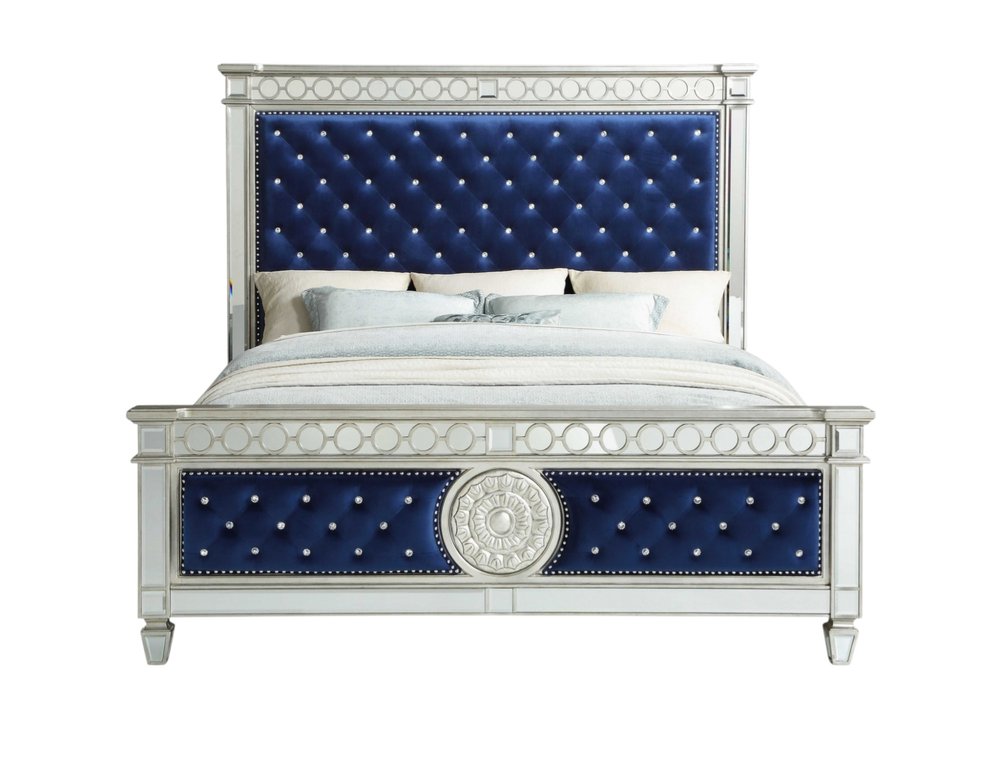 Blue Queen Tufted Upholstered Velvet Bed Frame with Nailhead Trim