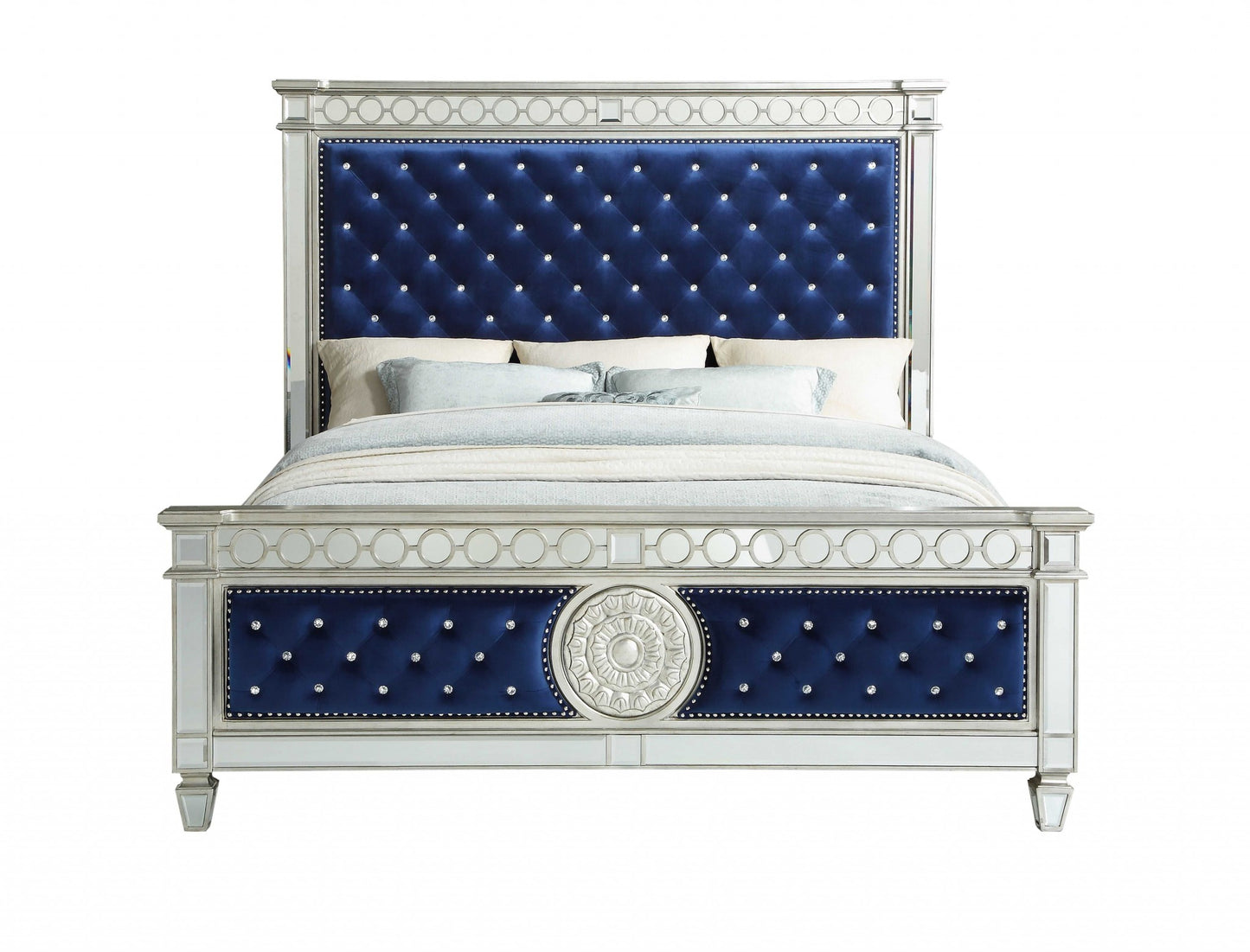 Queen Tufted Blue Upholstered Velvet Bed With Nailhead Trim