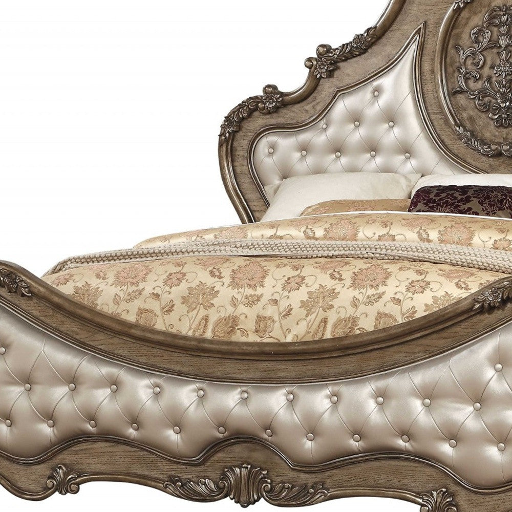 Queen Tufted Bronze Upholstered Faux Leather Bed With Nailhead Trim