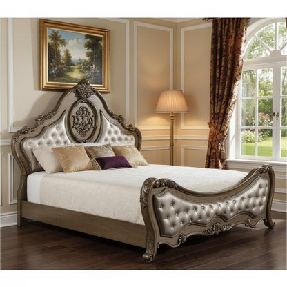 Queen Tufted Bronze Upholstered Faux Leather Bed With Nailhead Trim