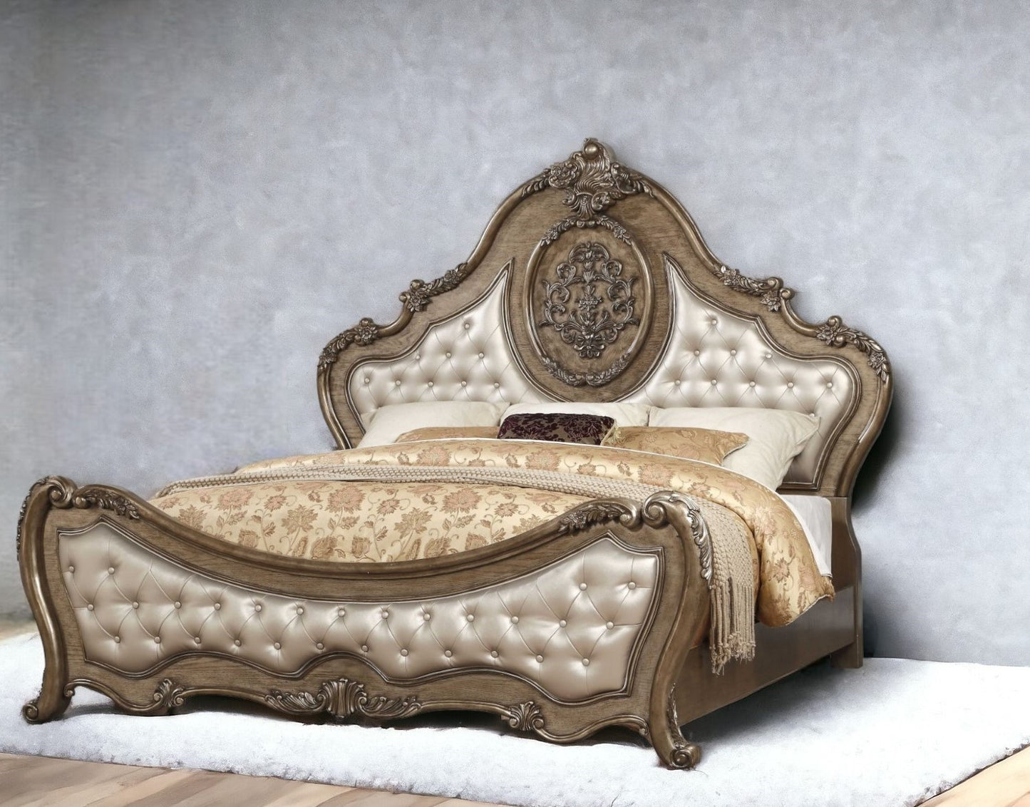 Queen Tufted Bronze Upholstered Faux Leather Bed With Nailhead Trim