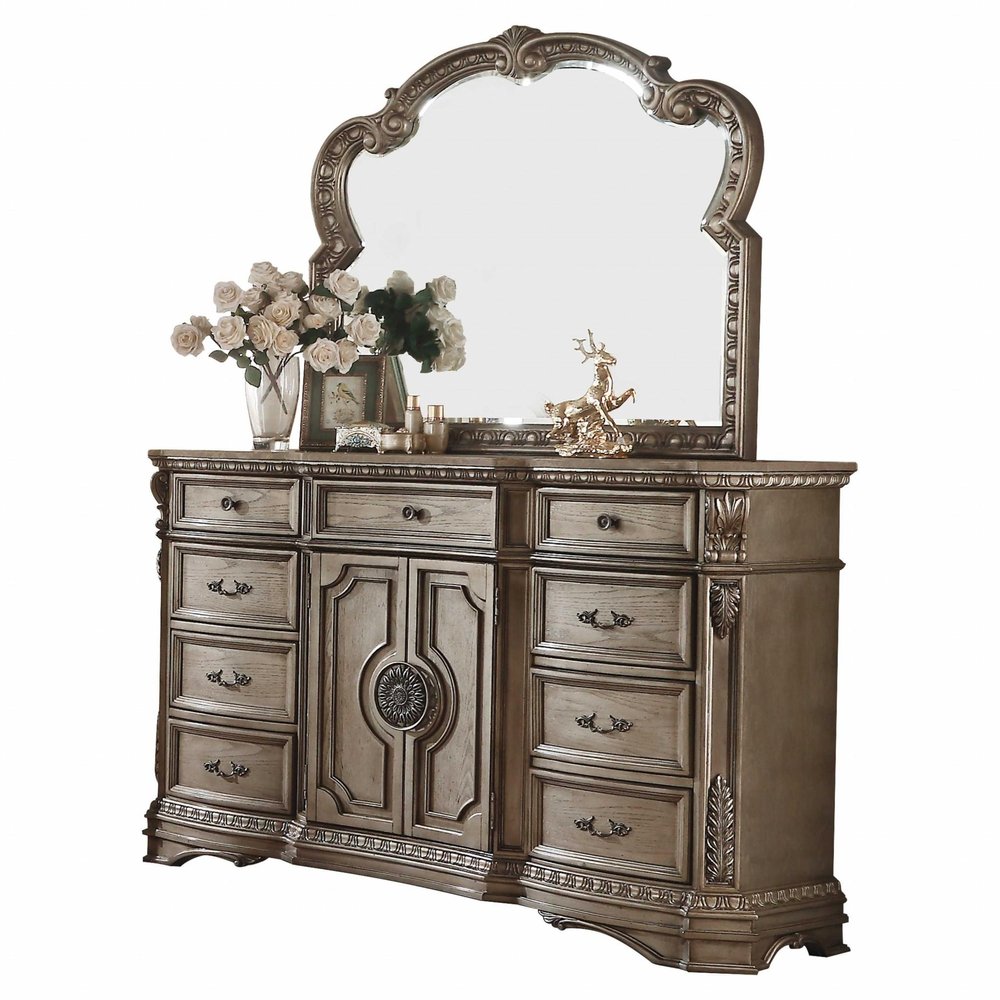 42" Champagne Carved Floral Wood Two Door Nine Drawer Combo Dresser