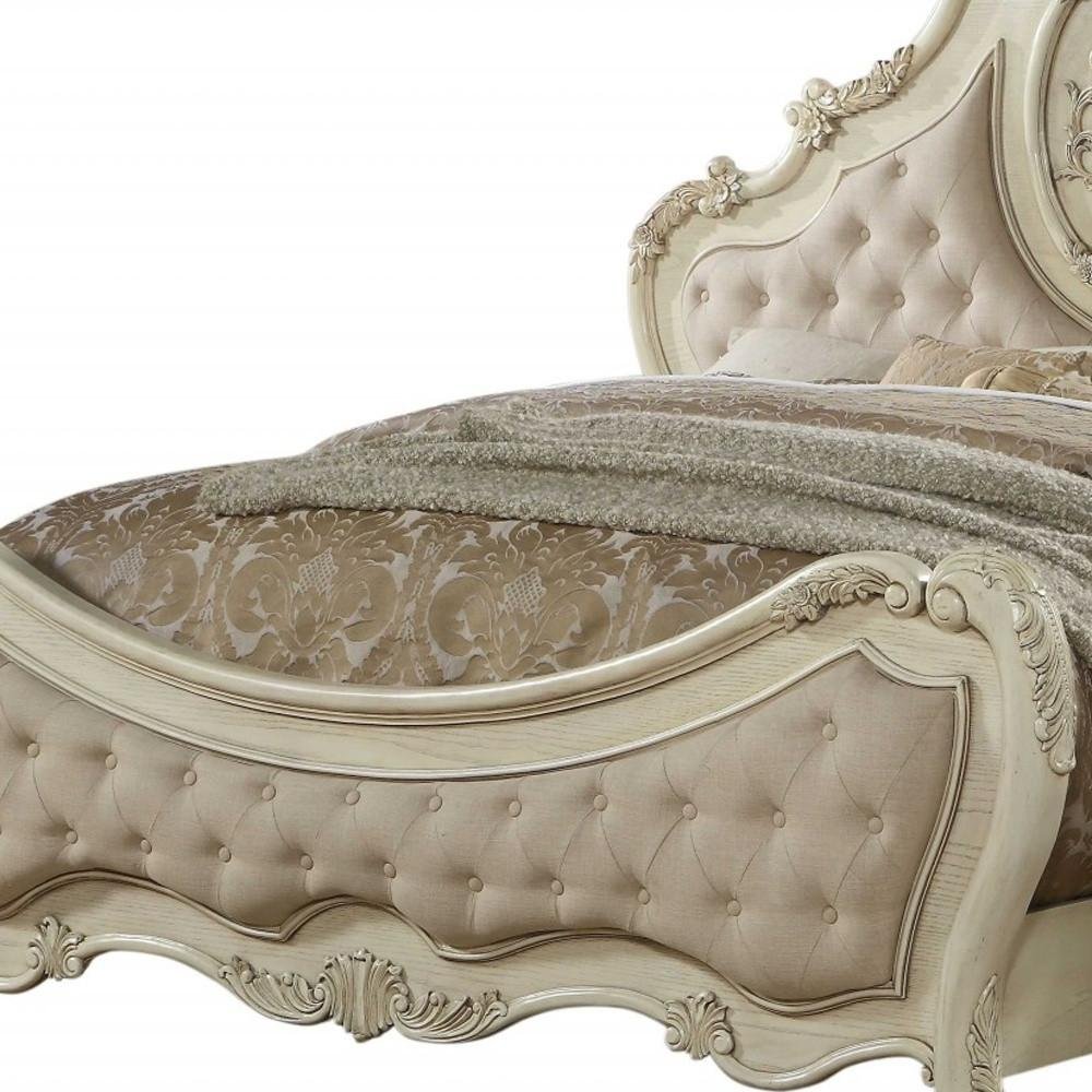Beige Wood And Tufted Linen Queen Bed Frame With Nailhead Trim